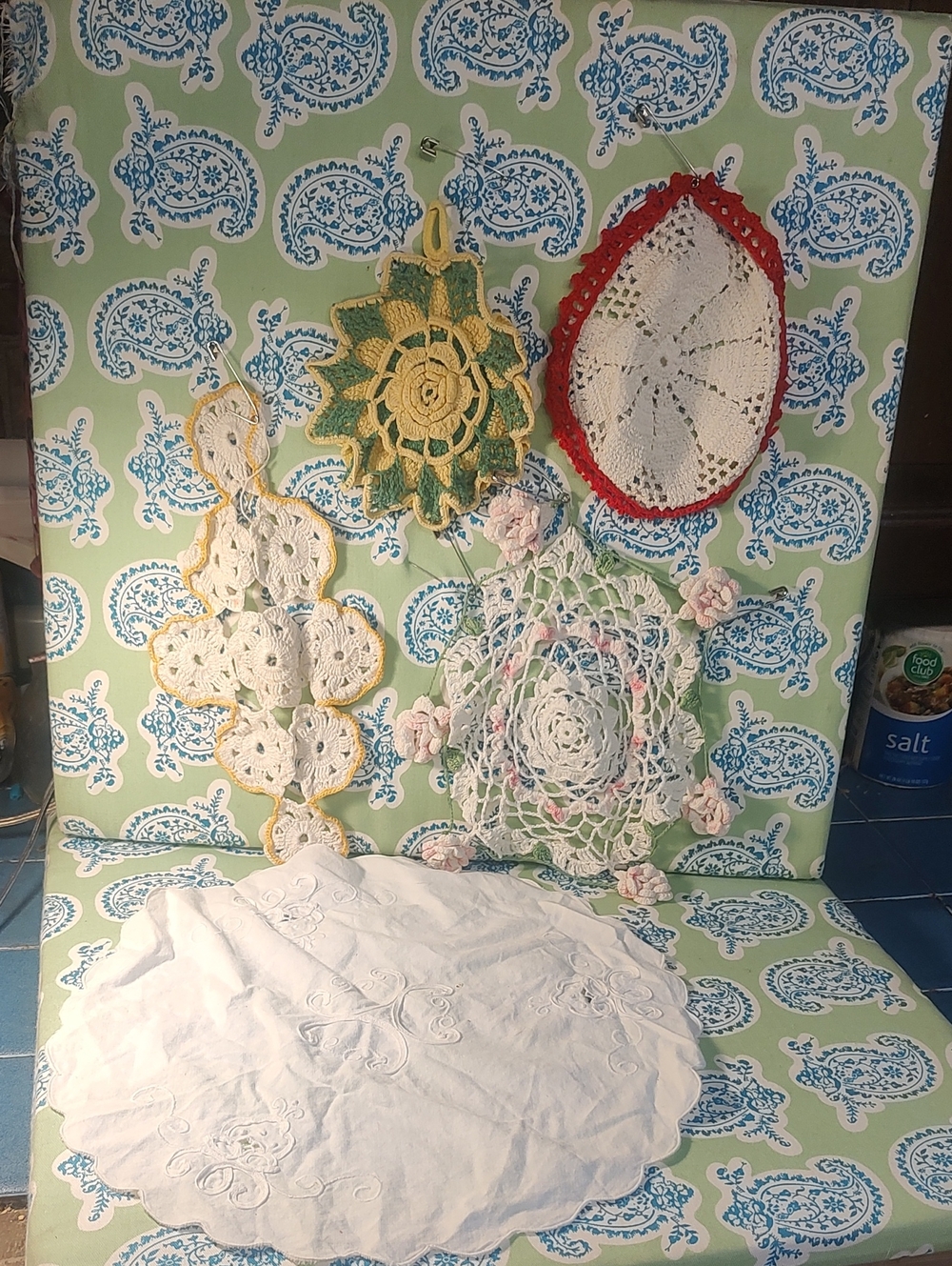 VintageCrochet Doilies and Cloth Napkin With Stitches White, Yellow, Green, Red